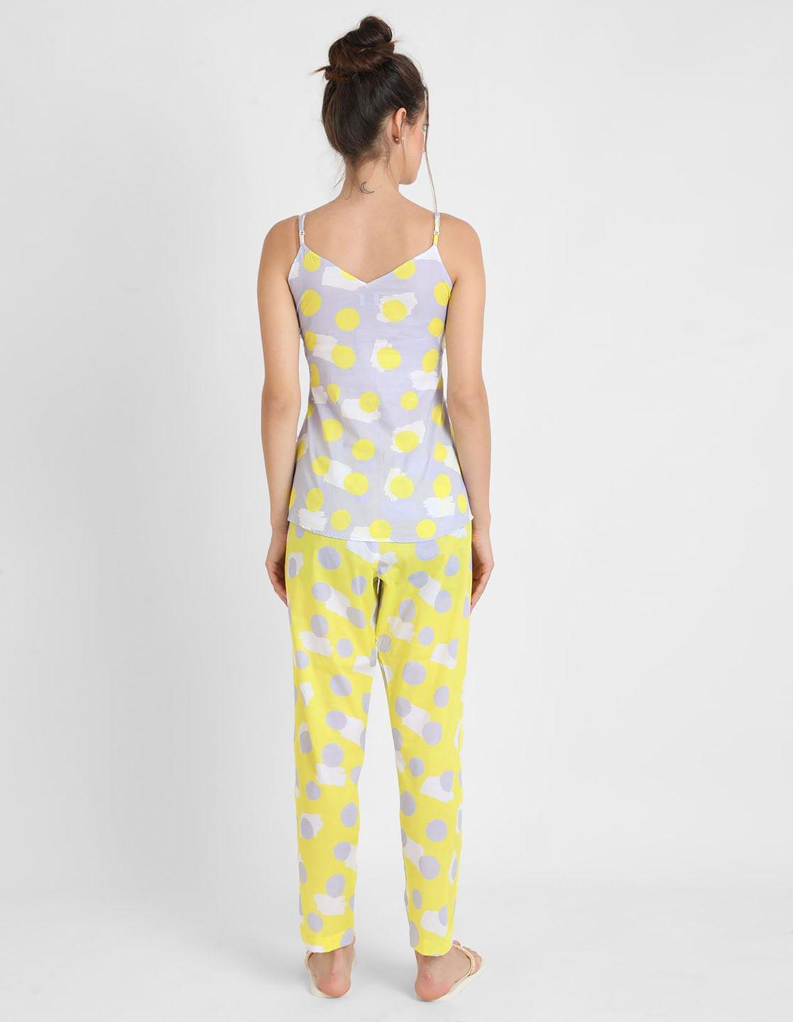 Yellow Polka Printed Singlet Pajama Set for Women