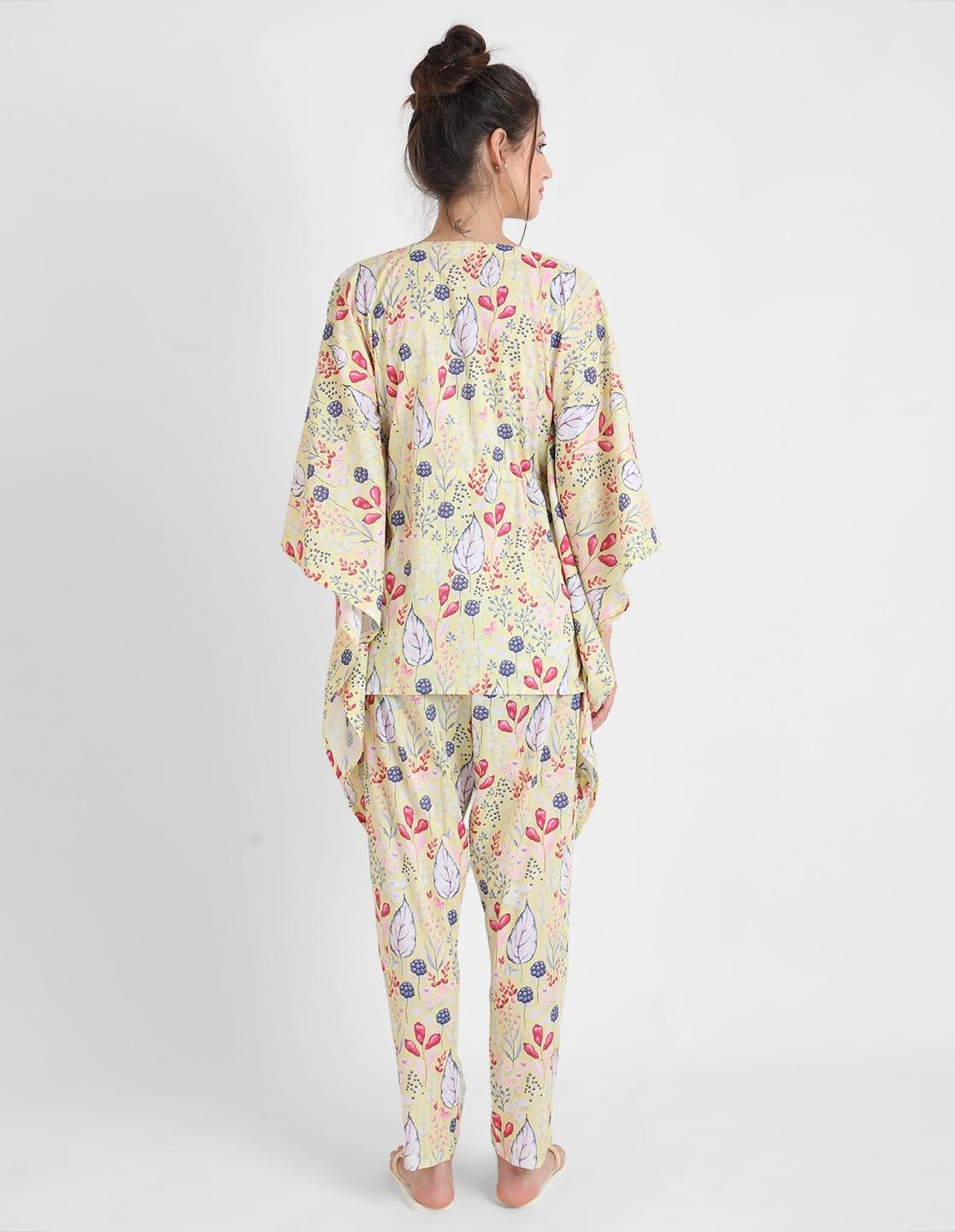 Yellow Blooming Print Pajama Kaftan