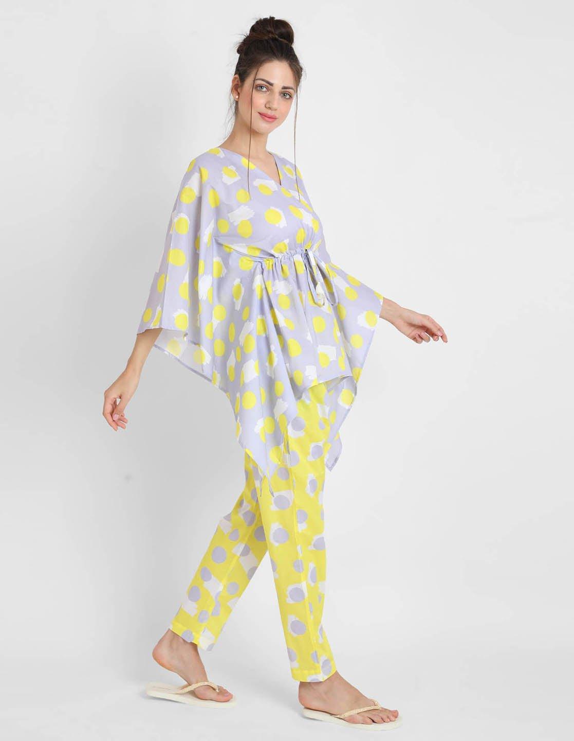 Yellow Polka Print Kaftan Pajama Set