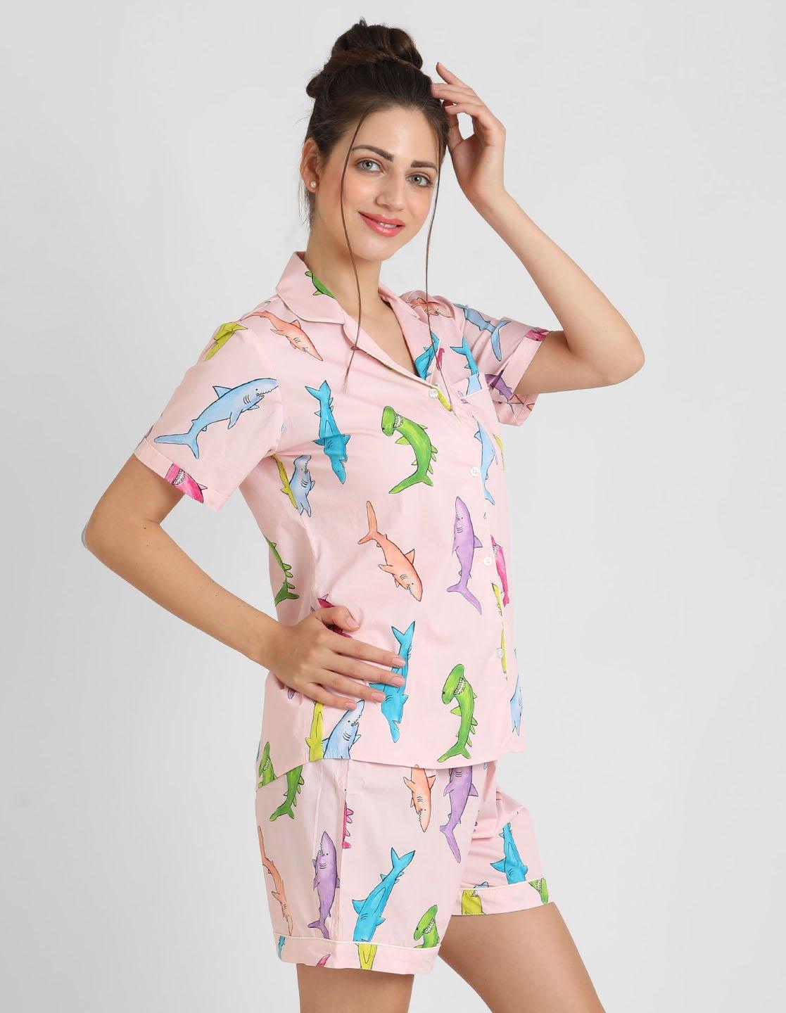 Handpainted Shark Printed Nightsuit Set for Women