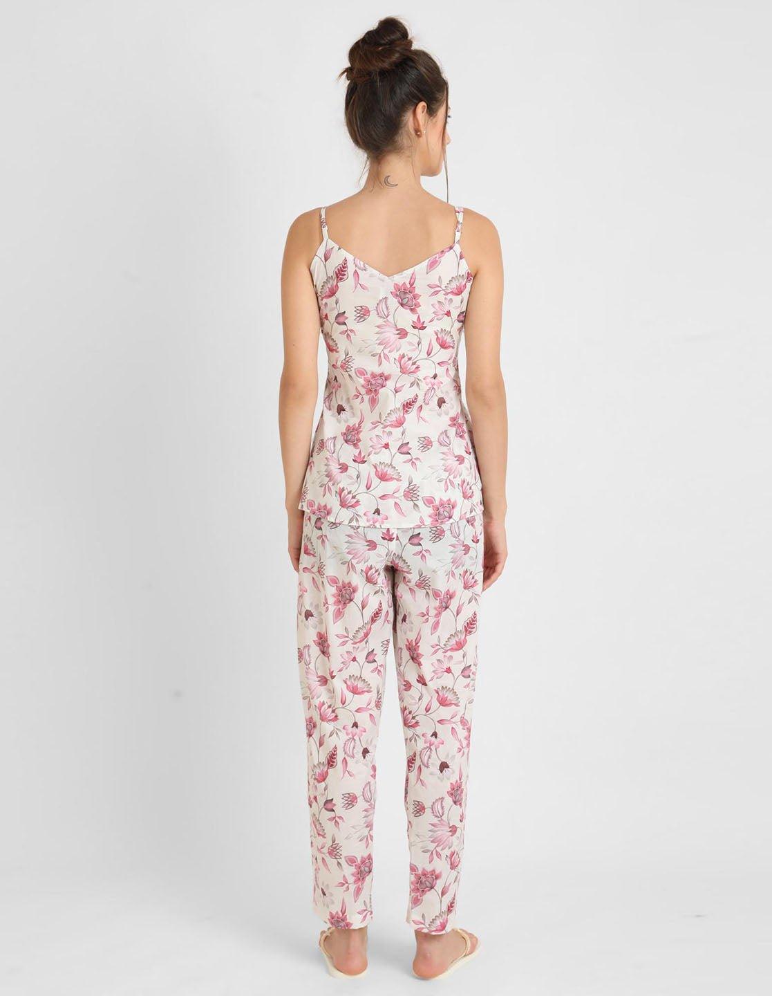 Rosy Pink Flower Printed Singlet Pyjama Set For Women