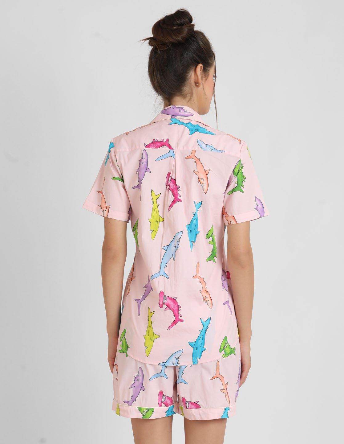 Handpainted Shark Printed Nightsuit Set for Women