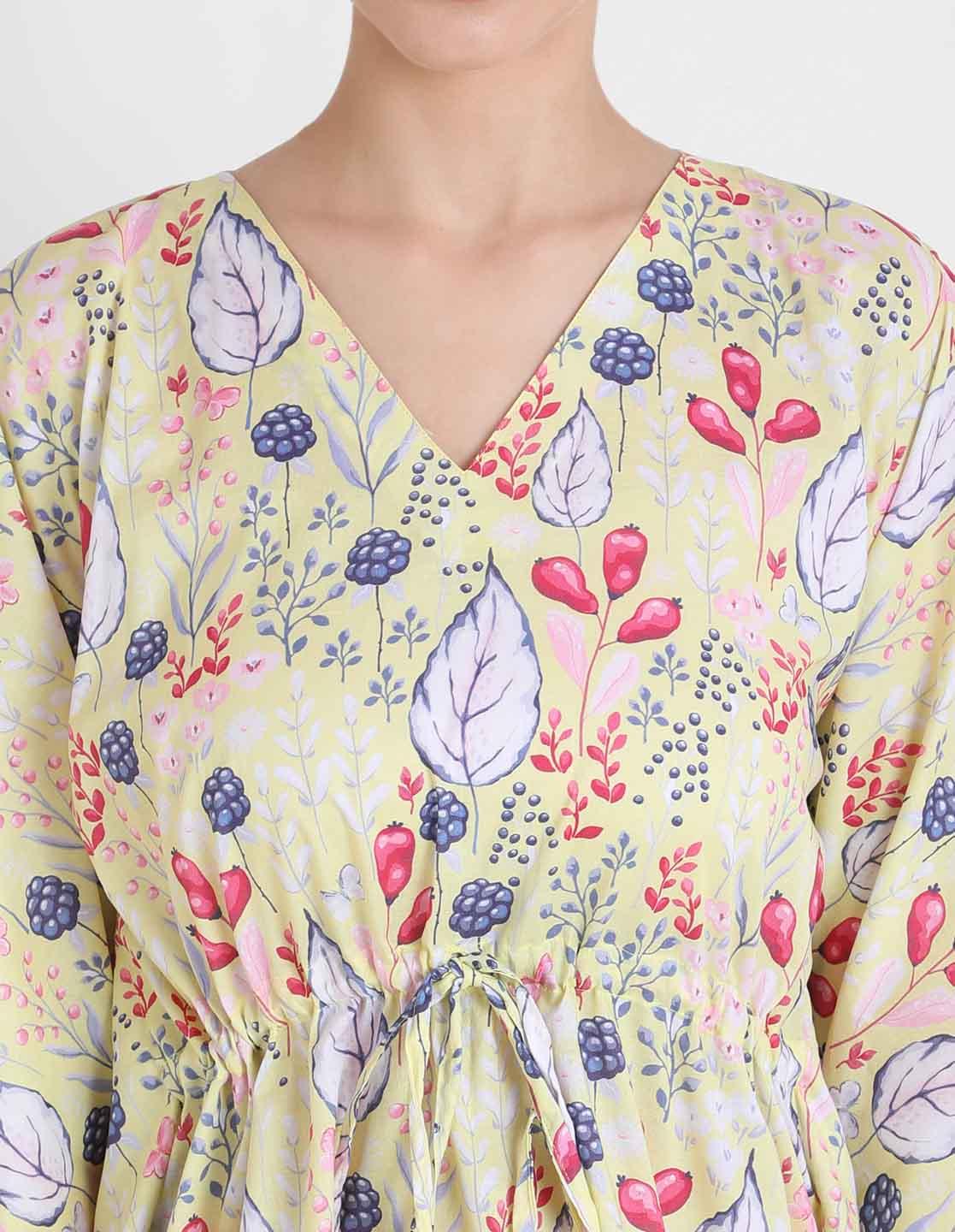 Yellow Blooming Print Pajama Kaftan