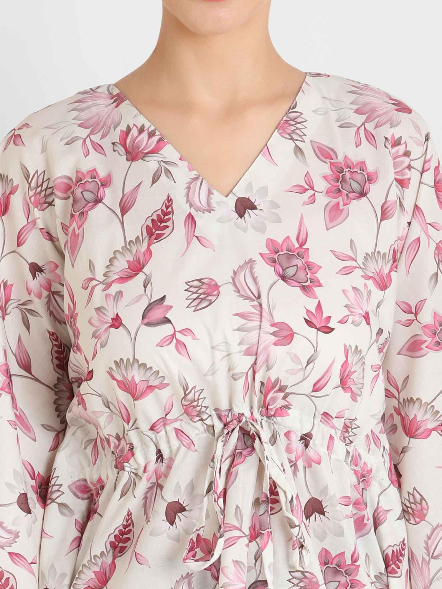 Rosy Pink Floral Print Kaftan Pyjama Set