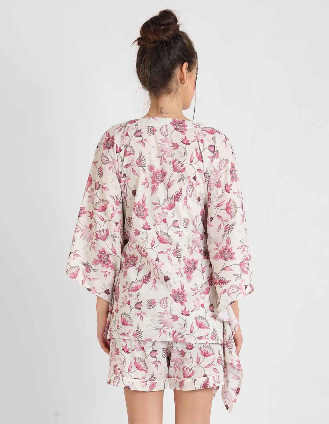 Rosy Pink Floral Print Kaftan Shorts Set