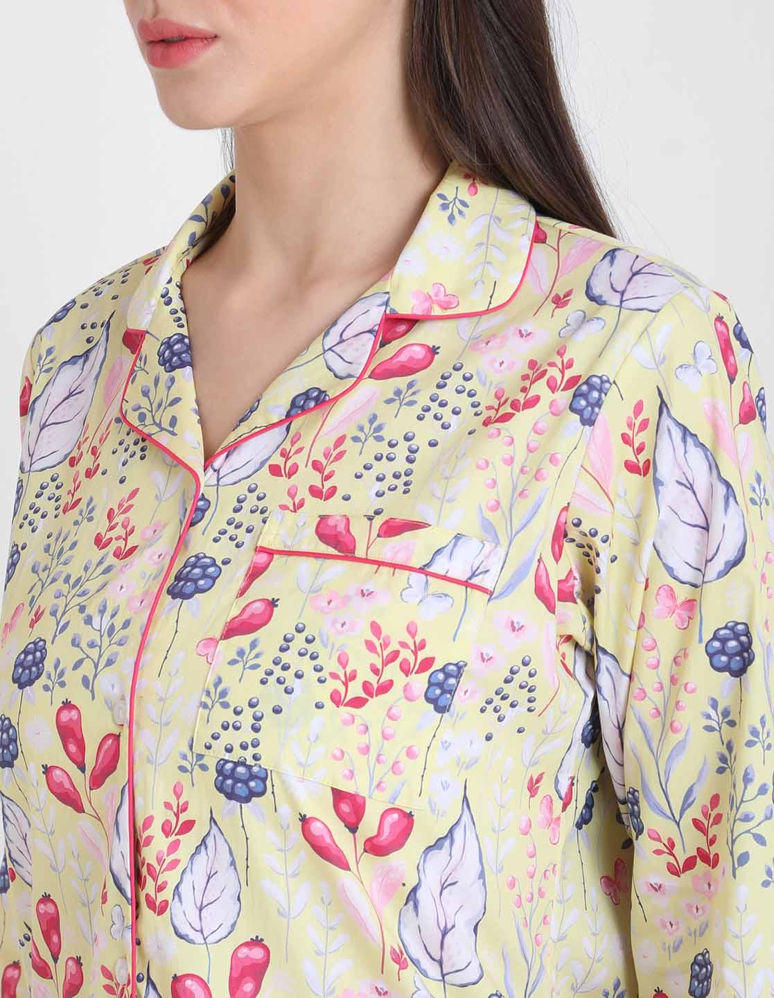 Lemony Floral Printed Nightsuit Set for Women
