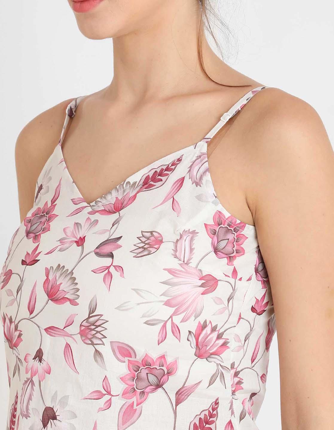 Rosy Pink Flower Printed Singlet Pyjama Set For Women
