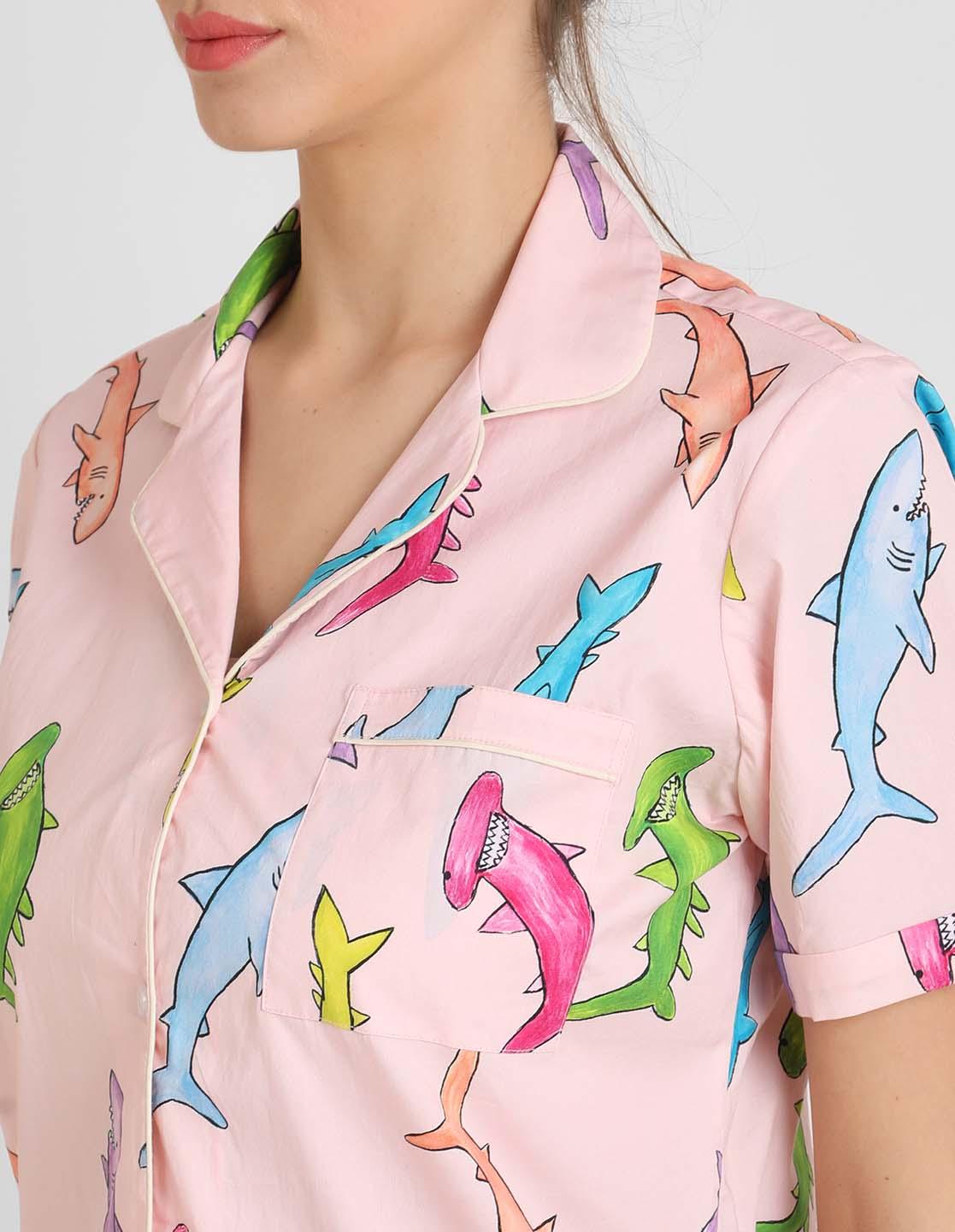 Handpainted Shark Printed Nightsuit Set for Women