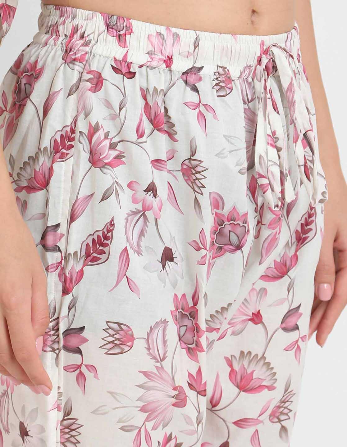 Rosy Pink Floral Print Kaftan Pyjama Set