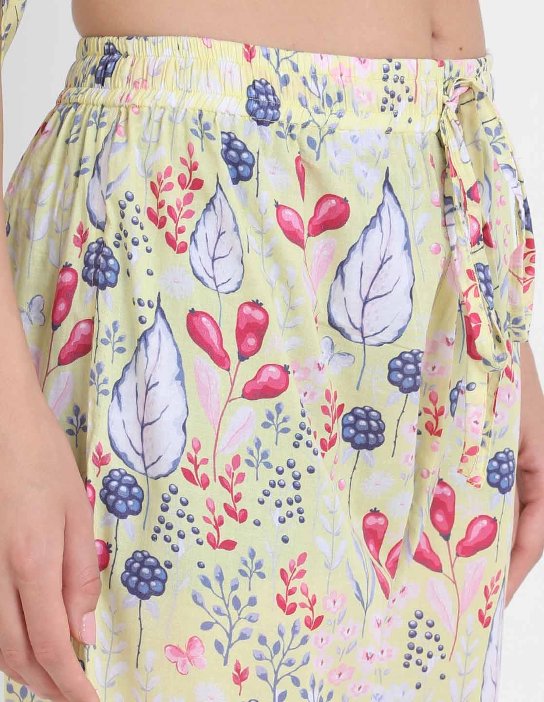 Yellow Blooming Print Pajama Kaftan