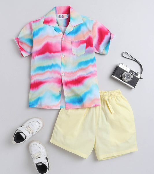 Colour Waves Digital printed Shirt with yellow solid Shorts