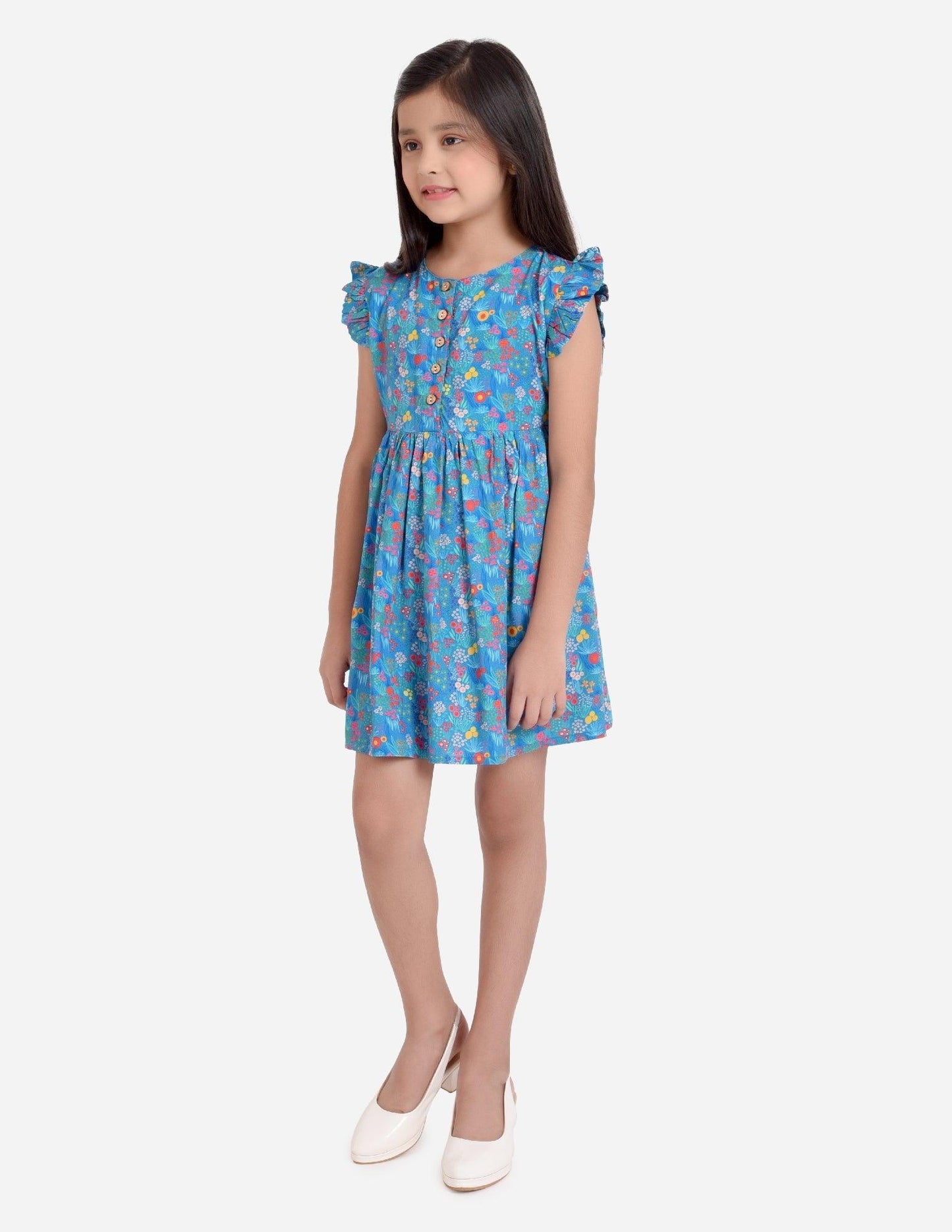 Blue Floral Print Girls Dress