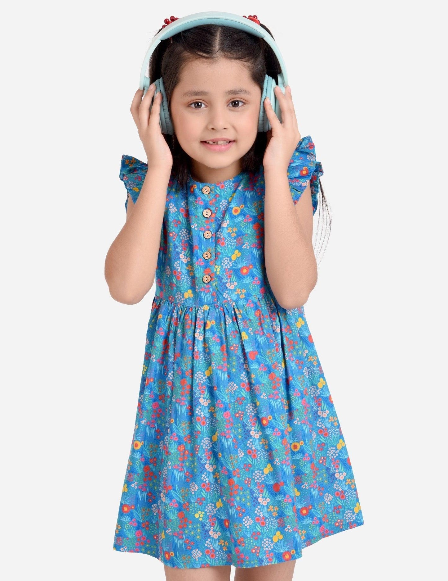 Blue Floral Print Girls Dress