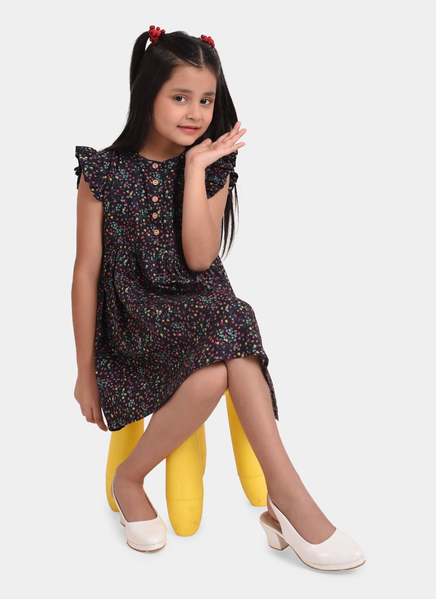 Charcoal Gold Print Girls Dress