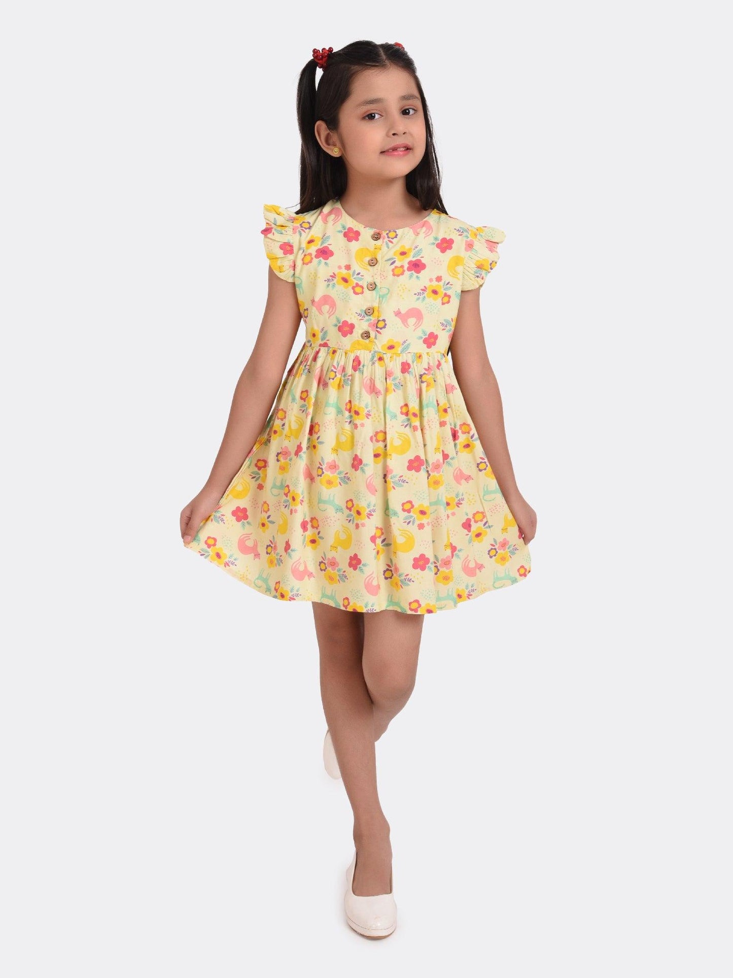 Sunshine Kitten Print Girls Dress - koochi Poochi