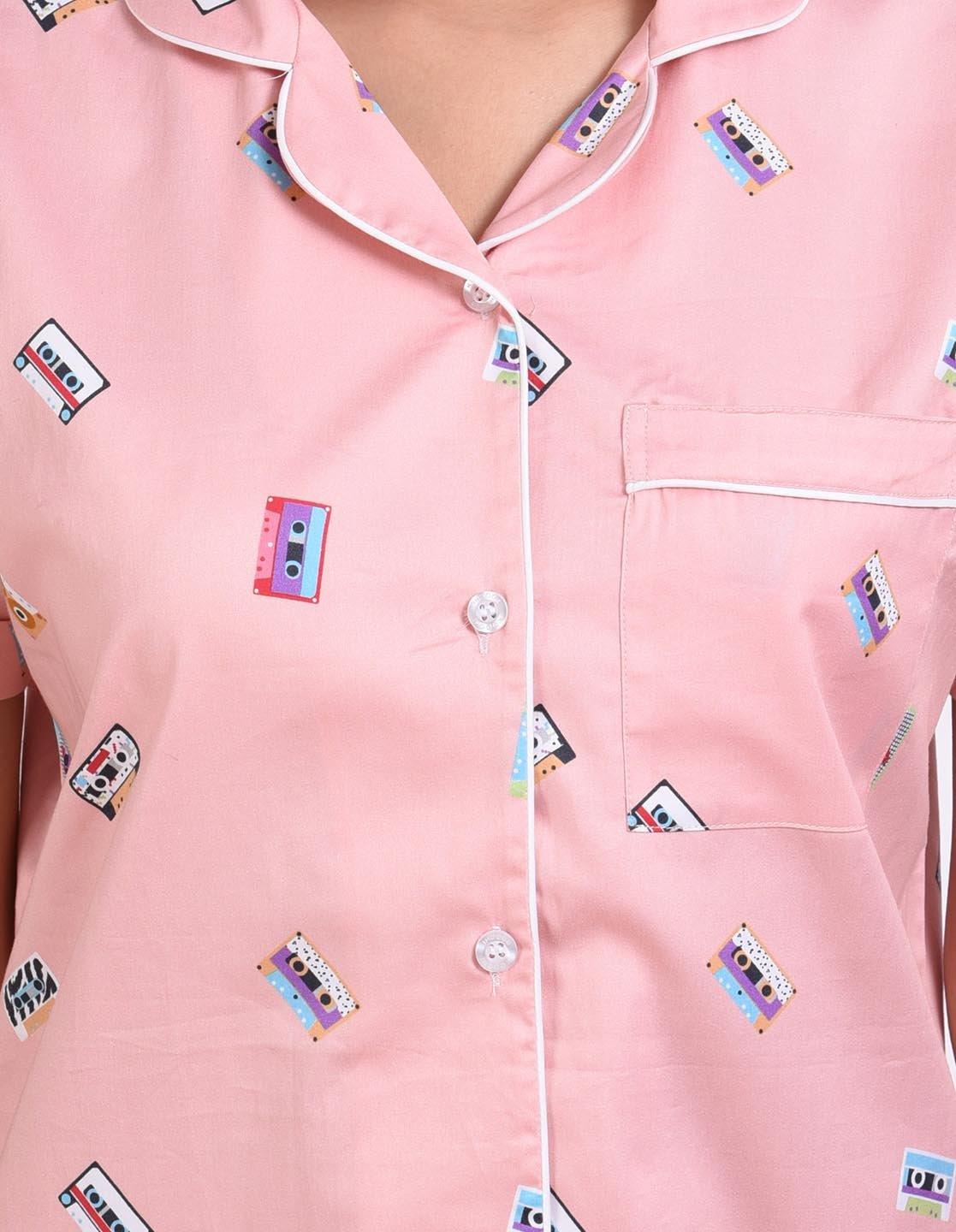 Retro Cassette Printed Nightsuit Set for Women