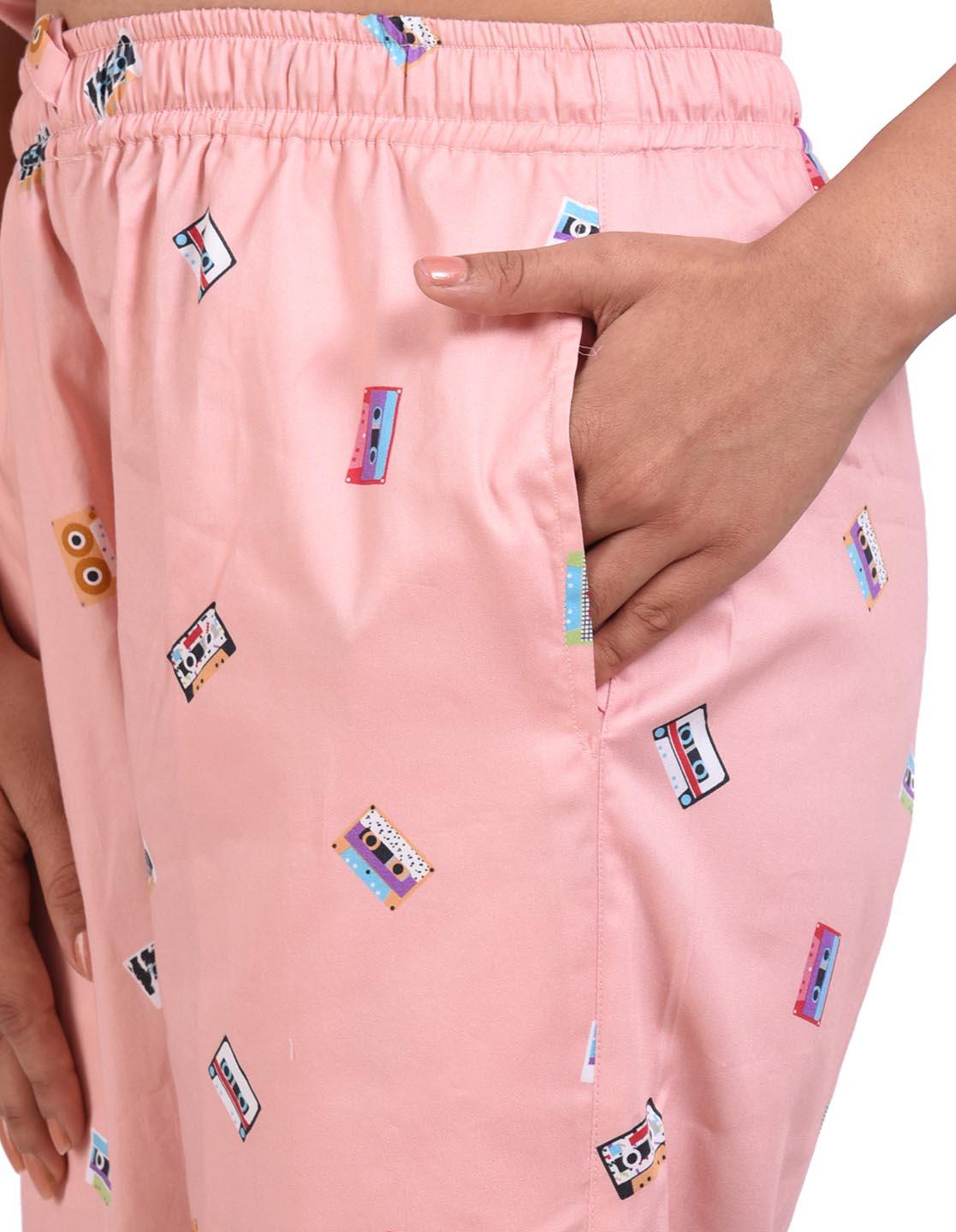 Retro Cassette Printed Nightsuit Set for Women