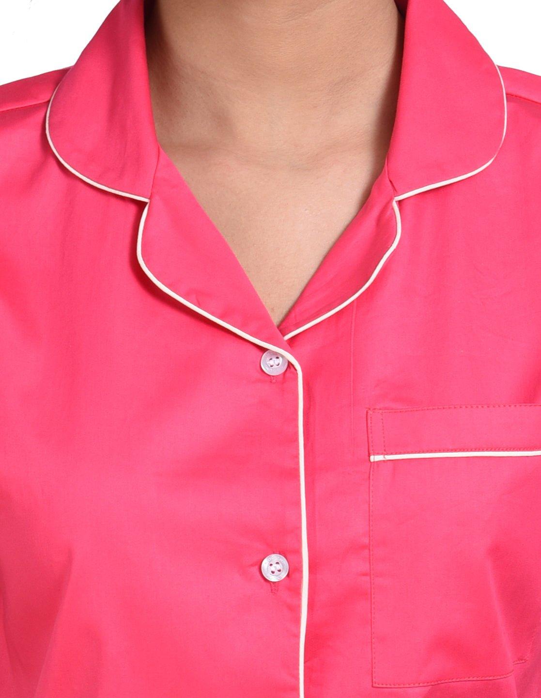 Pink Solid Printed Nightsuit Set for Women