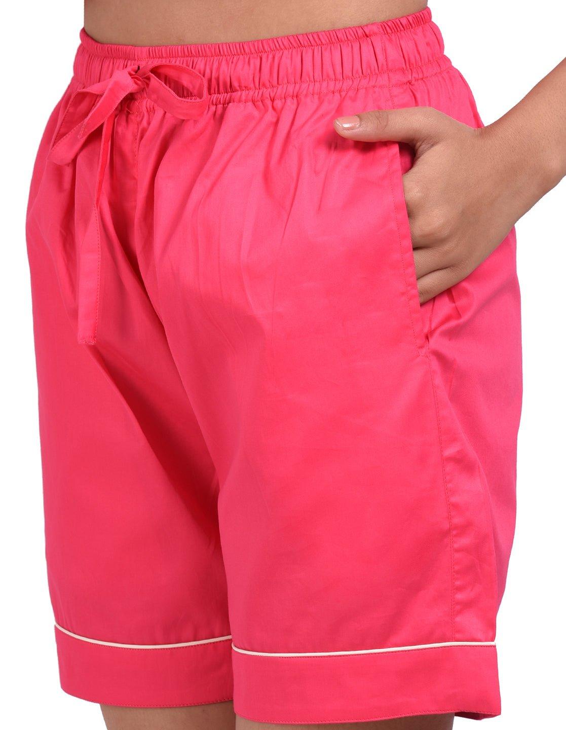 Pink Solid Printed Nightsuit Set for Women