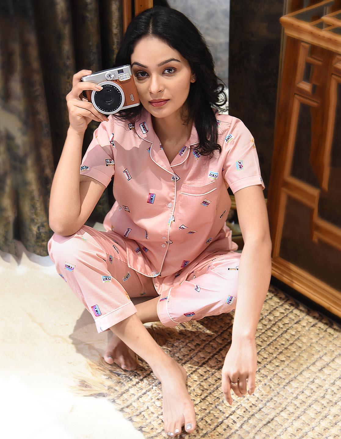 Retro Cassette Printed Nightsuit Set for Women