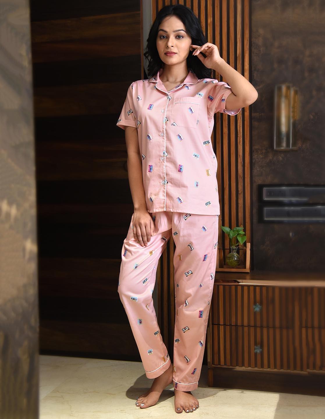 Retro Cassette Printed Nightsuit Set for Women