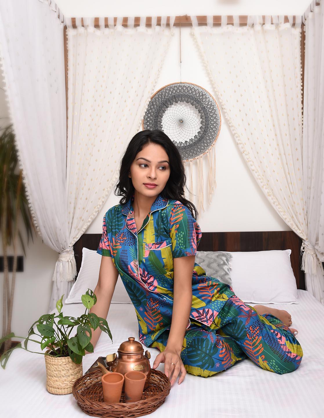 Tropical Jungle Printed Nightsuit Set for Women - koochi Poochi