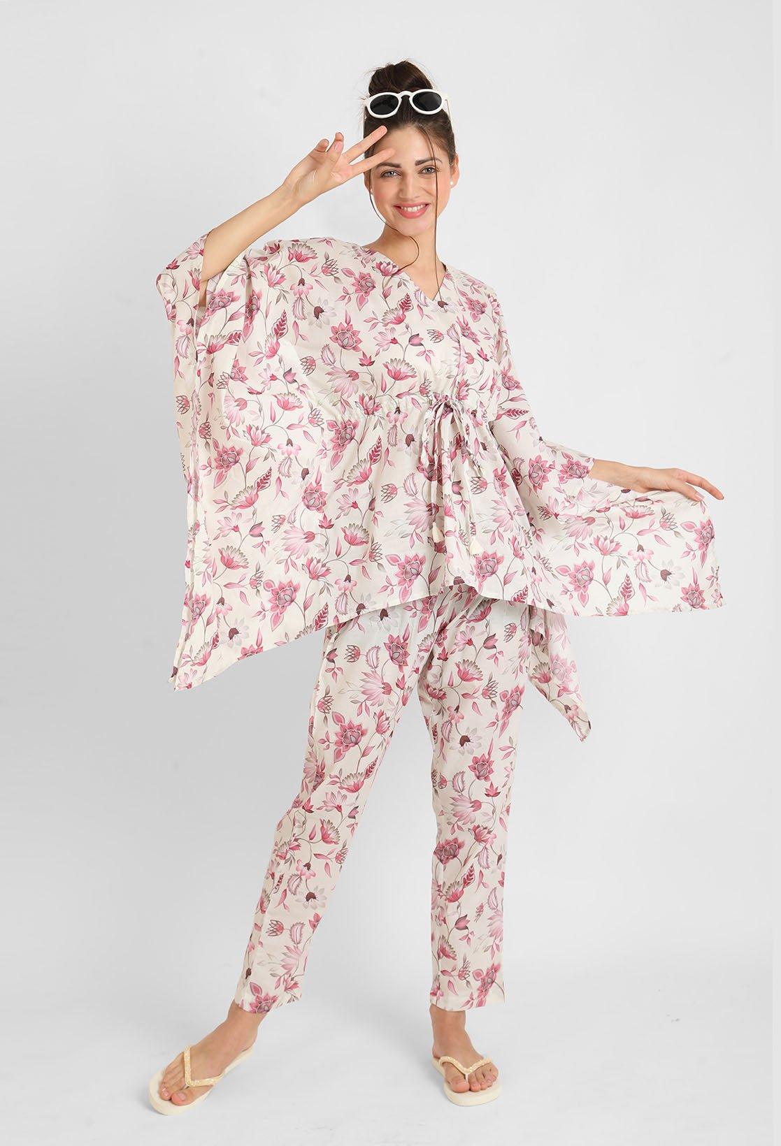 Rosy Pink Floral Print Kaftan Pyjama Set