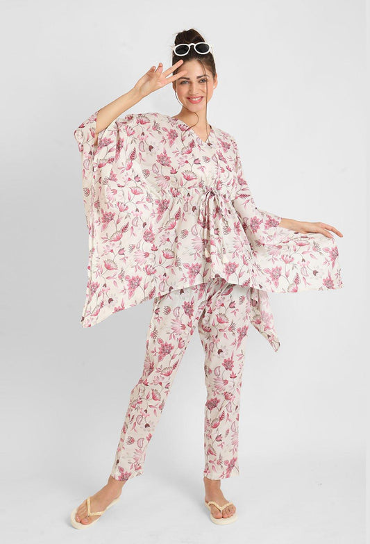 Rosy Pink Floral Print Kaftan Pyjama Set
