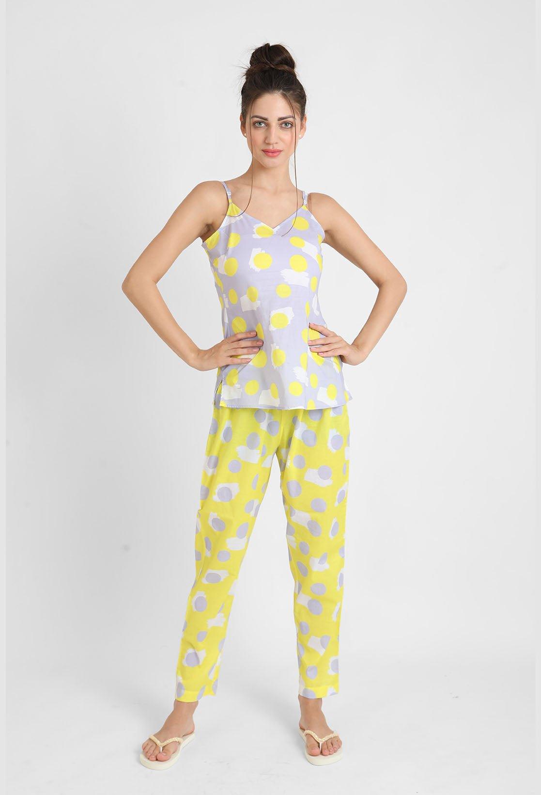 Yellow Polka Printed Singlet Pajama Set for Women