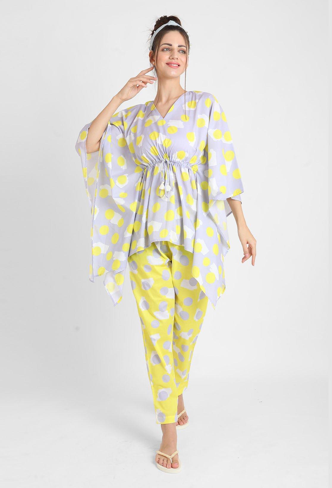 Yellow Polka Print Kaftan Pajama Set