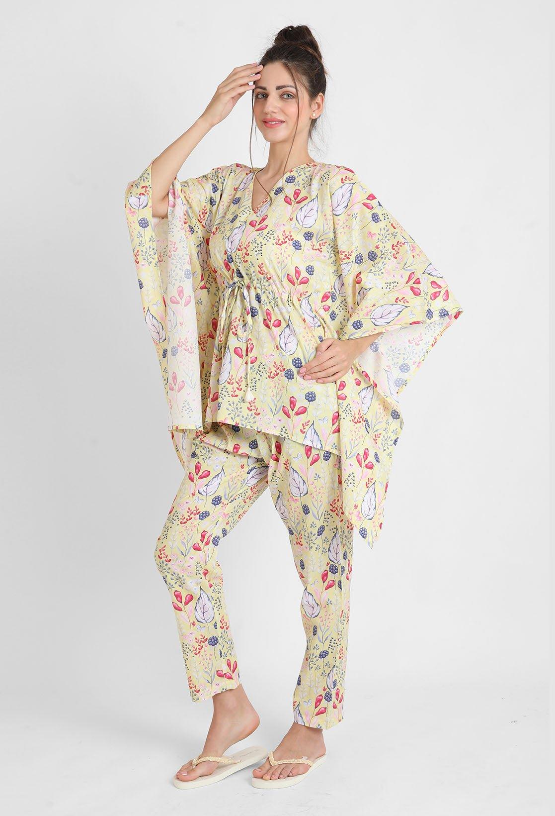 Yellow Blooming Print Pajama Kaftan