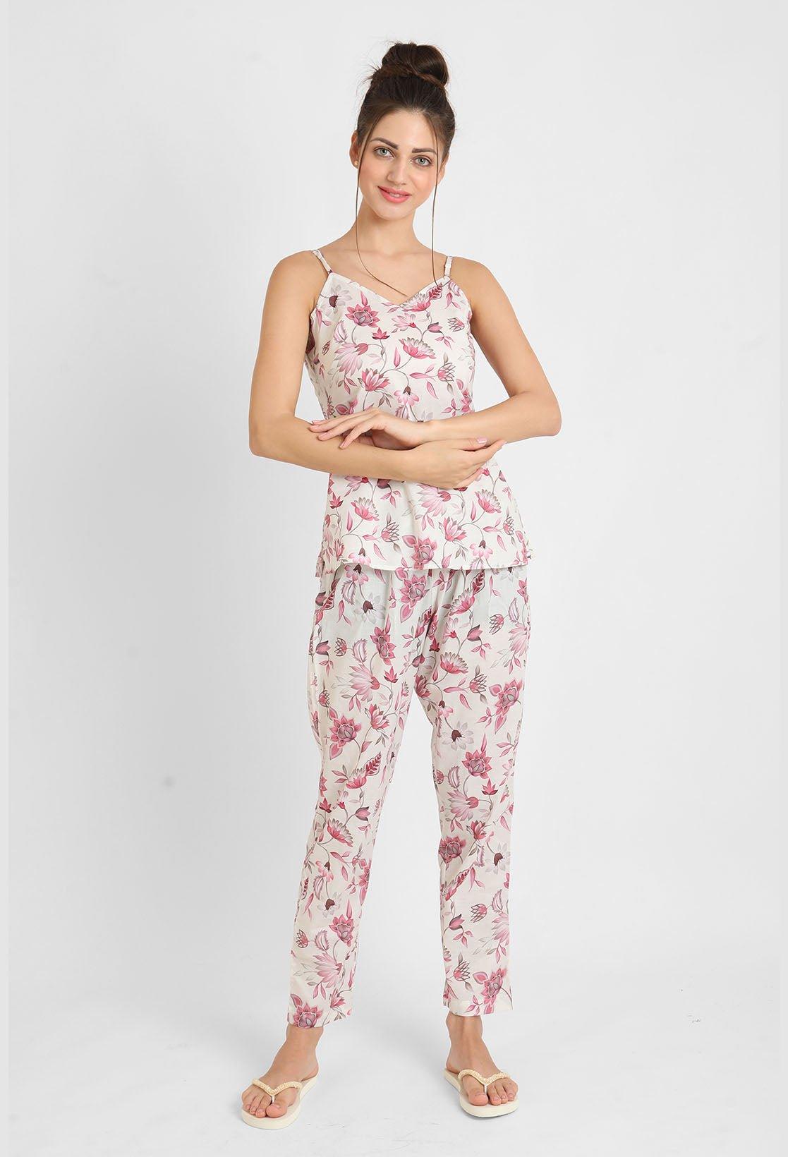 Rosy Pink Flower Printed Singlet Pyjama Set For Women