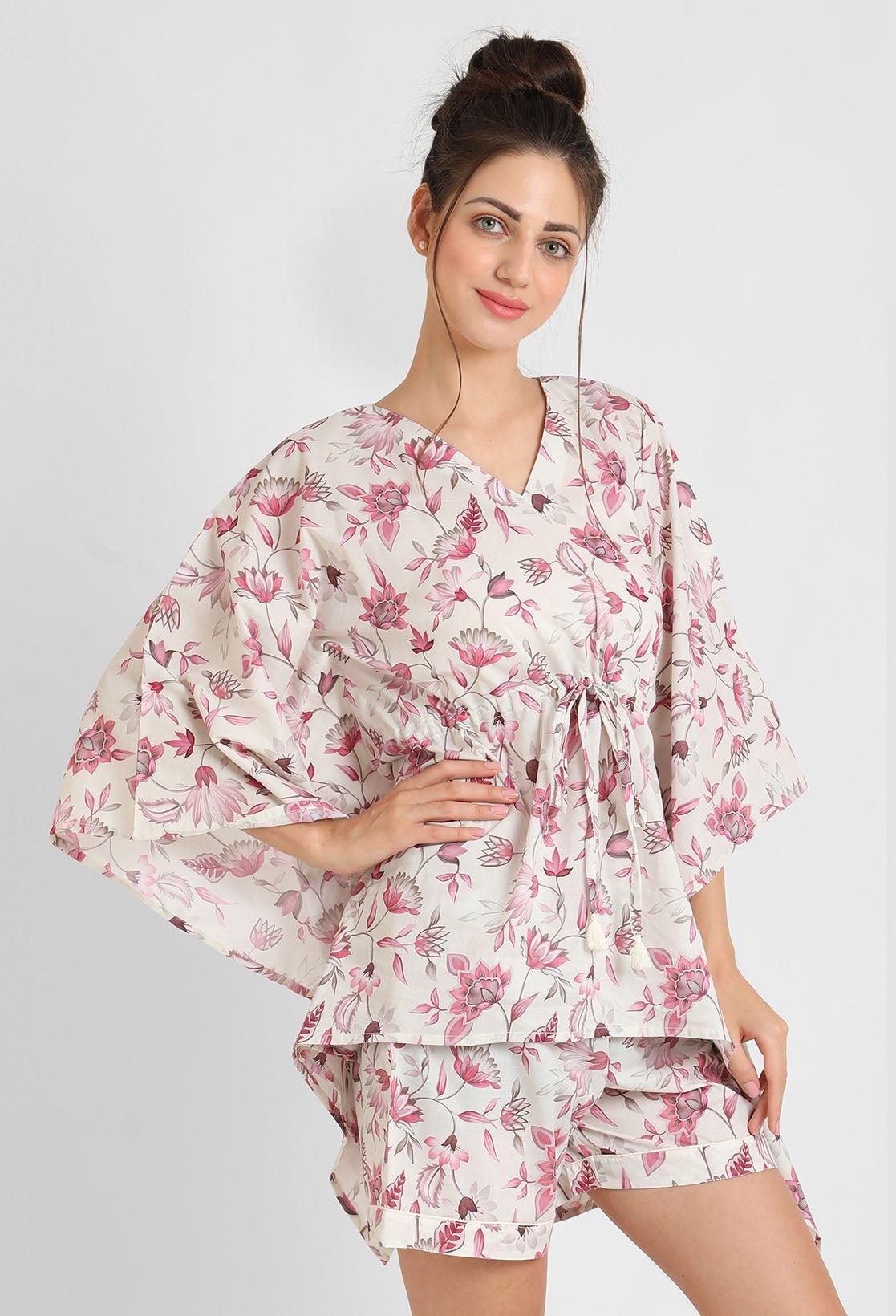 Rosy Pink Floral Print Kaftan Shorts Set