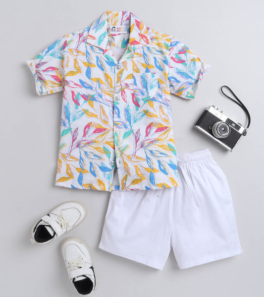 Leaf Shadow Digital printed Shirt with White solid Shorts