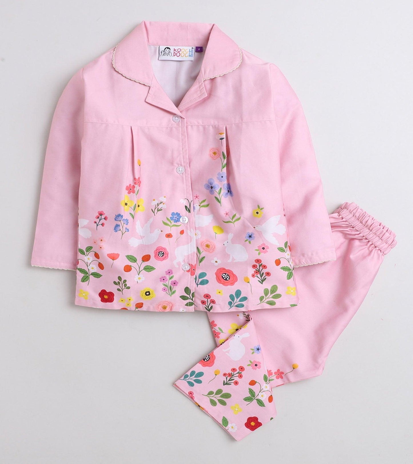 Pink Floral Printed Girls Nightsuit Set - koochi Poochi