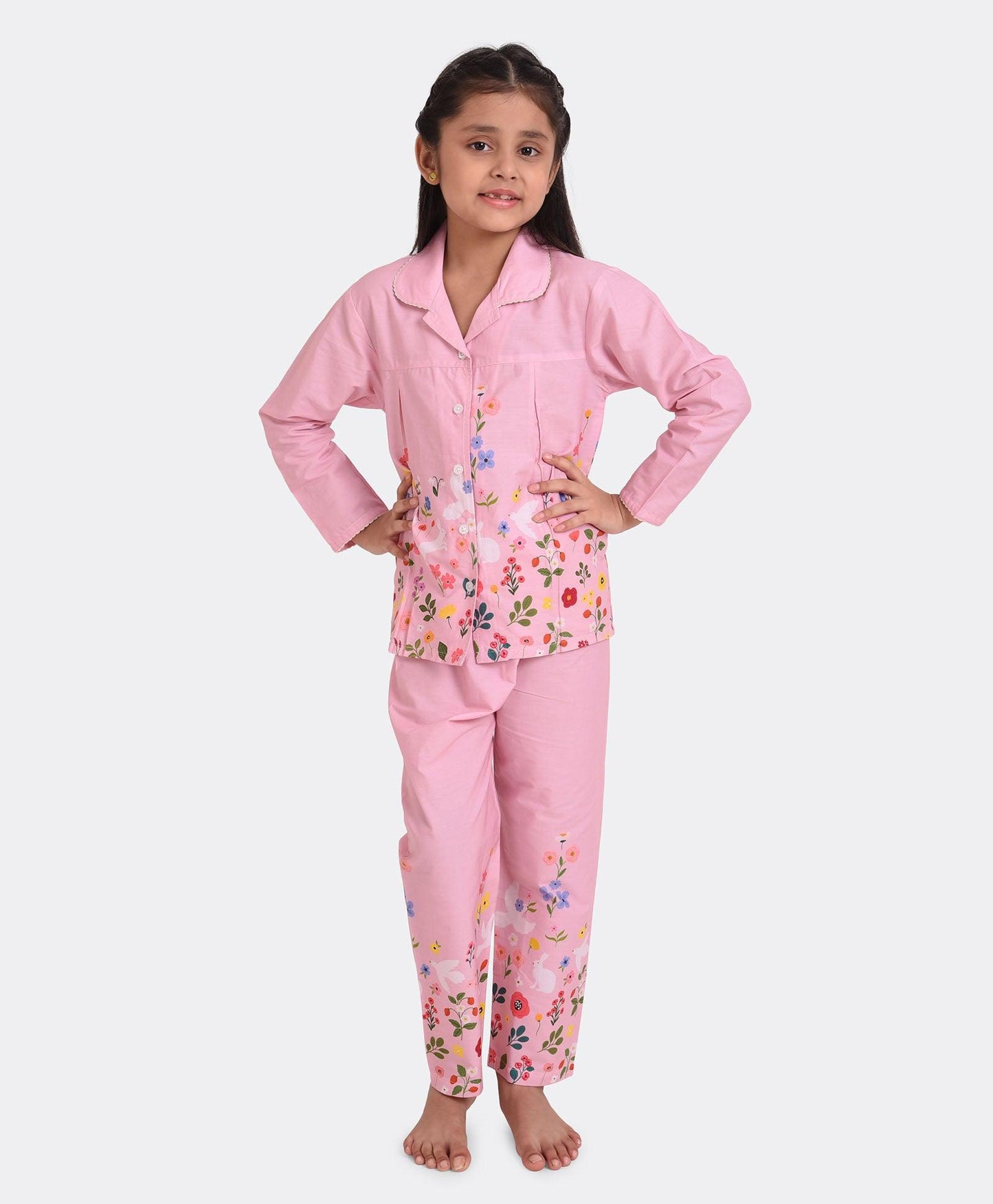 Pink Floral Printed Girls Nightsuit Set - koochi Poochi