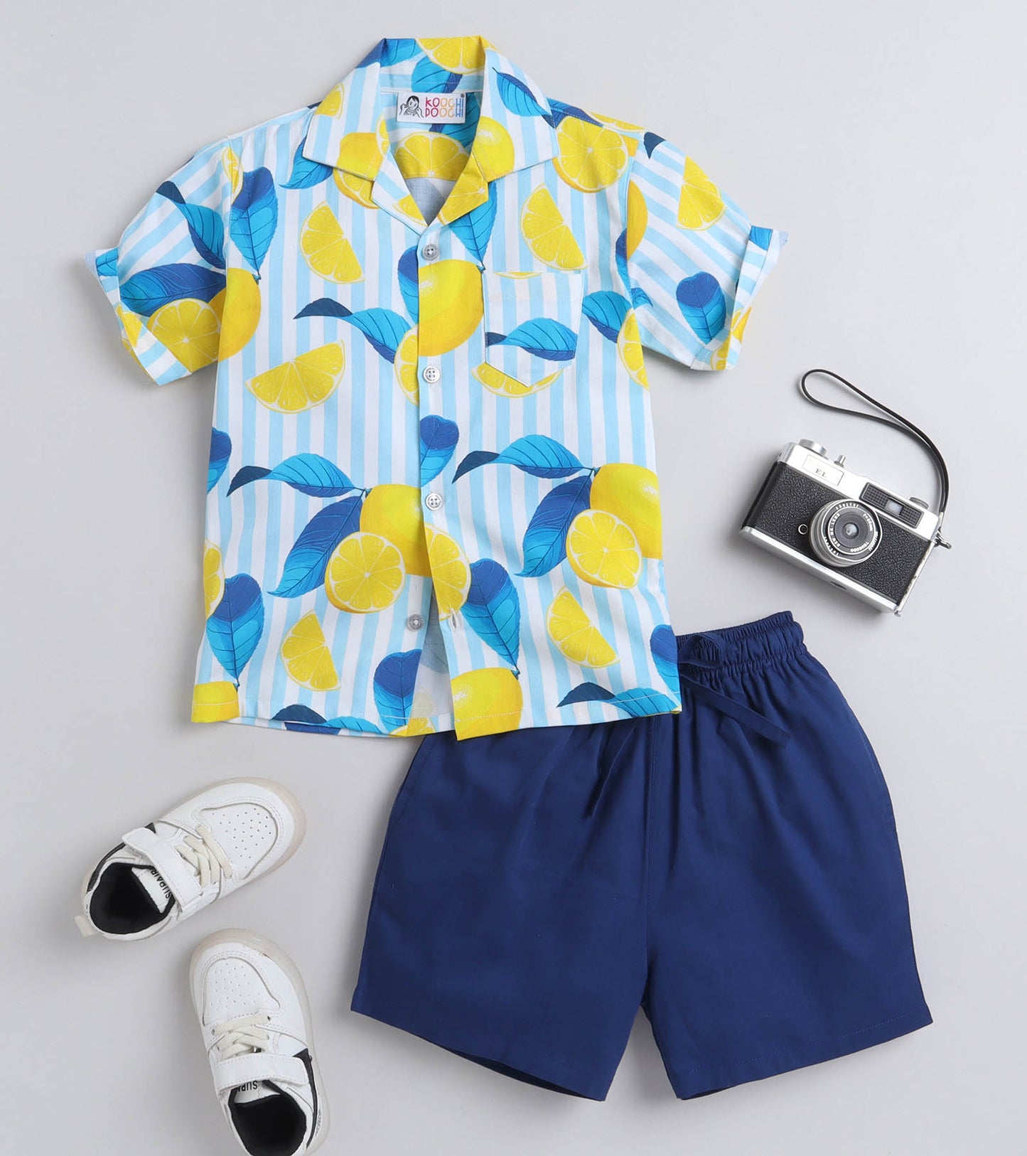 Striped Lemon Digital printed Shirt with Blue solid Shorts