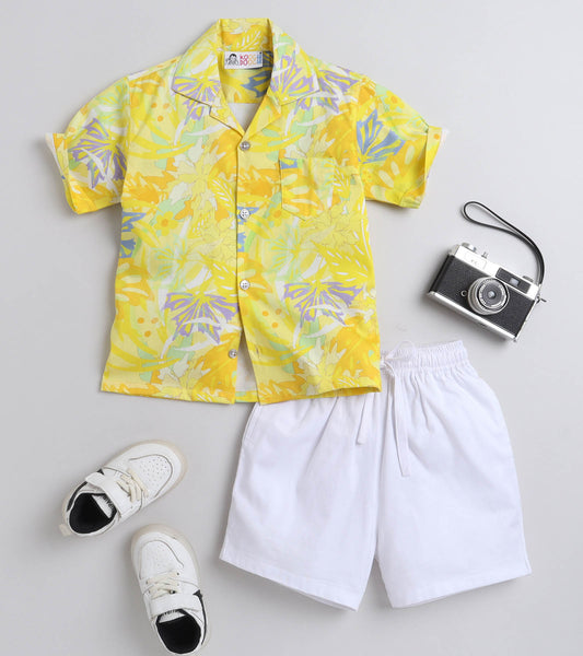 Yellow Leaf Digital printed Shirt with White solid Shorts