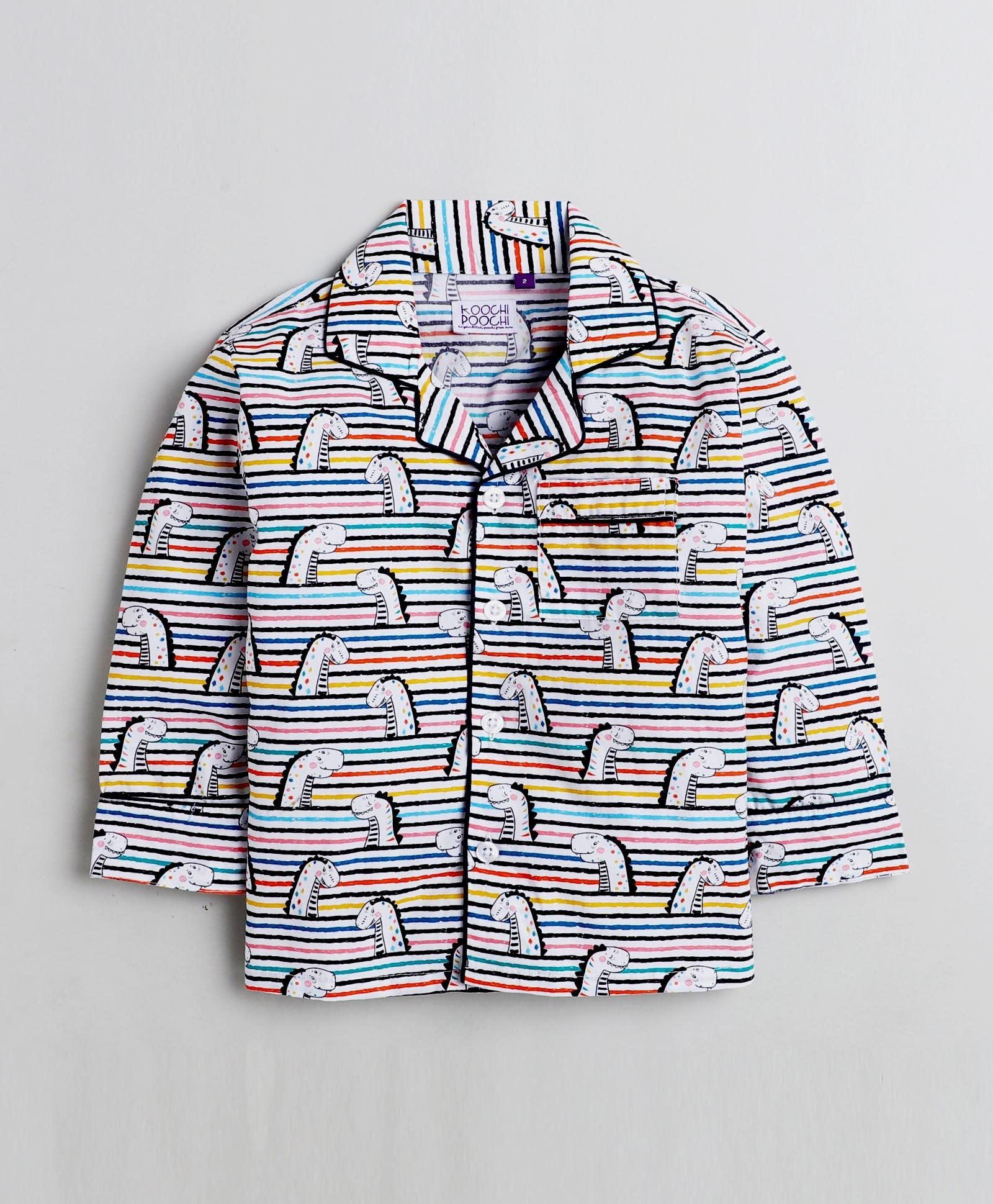 Stripped Dino Printed Night Suit Set