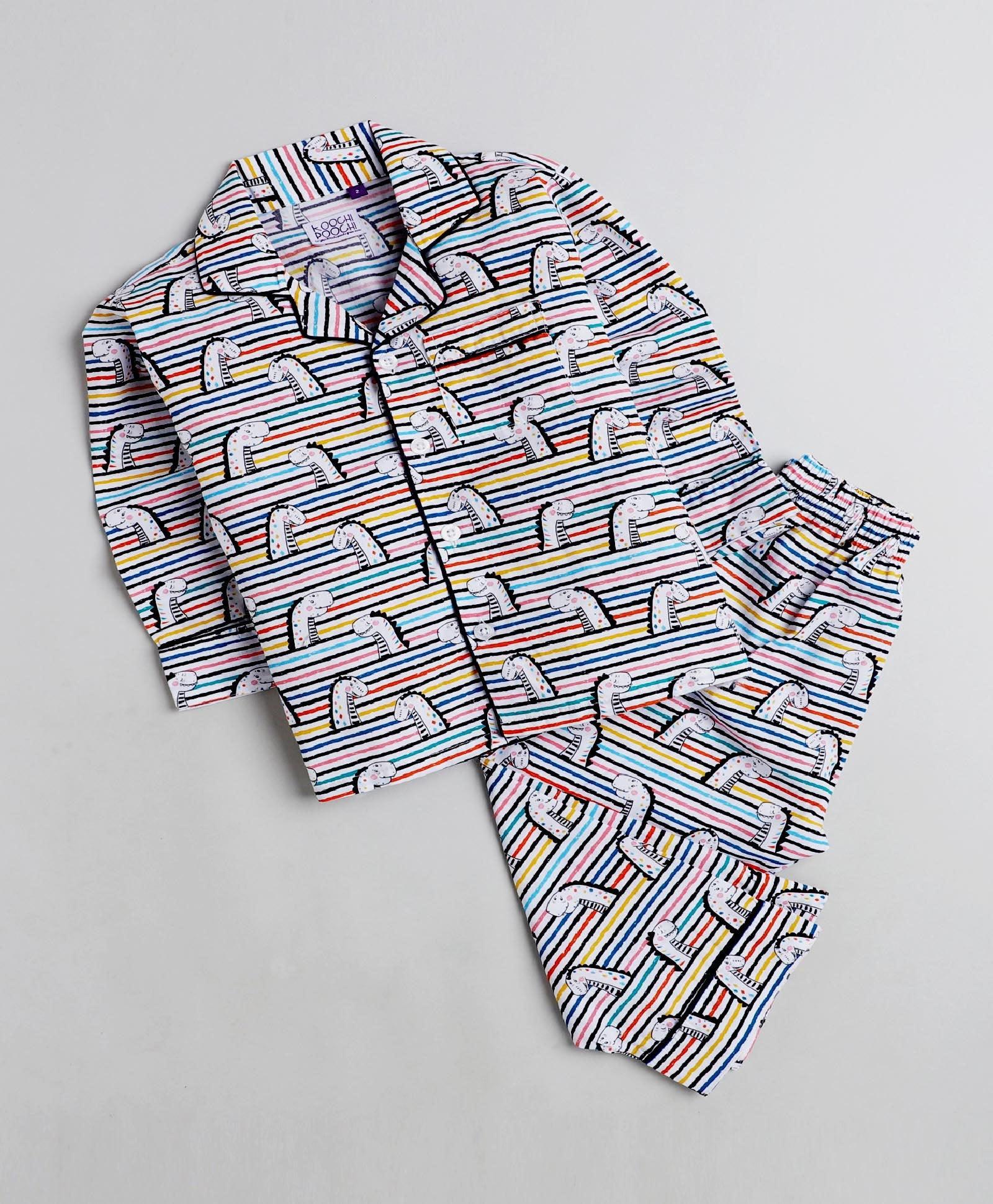 Stripped Dino Printed Night Suit Set