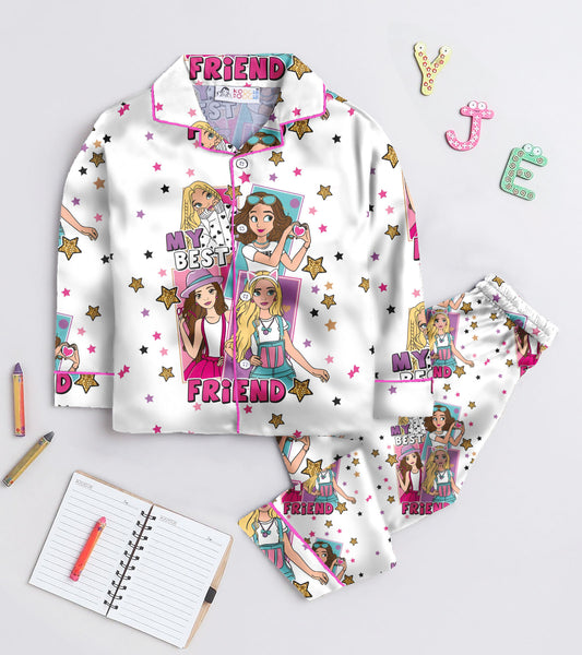 Best Friend Printed Girls Pure Cotton Nightsuit Set