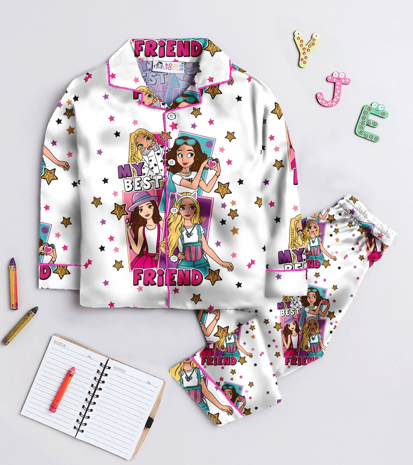 Best Friend Printed Girls Pure Cotton Nightsuit Set