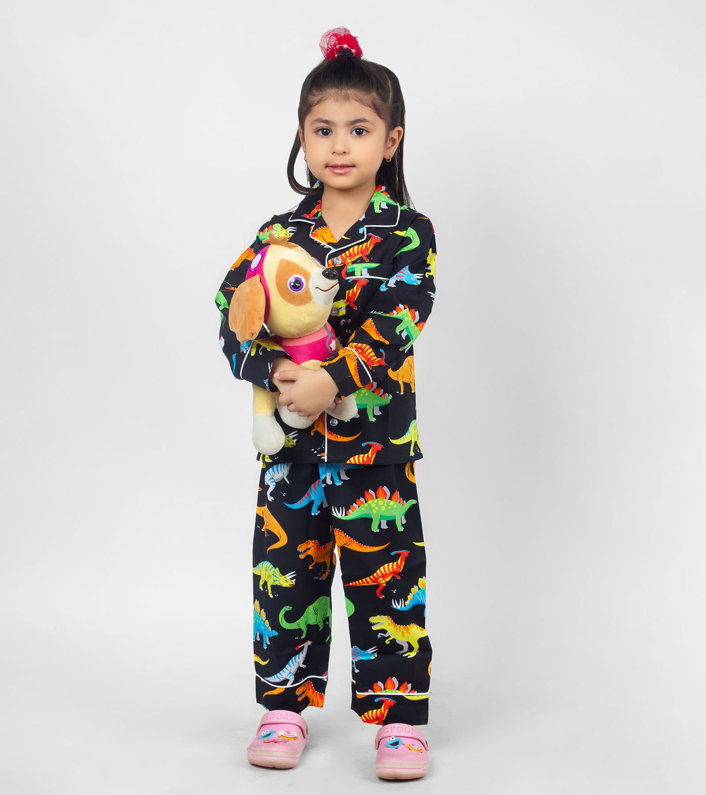 Black Dino Printed Girls Nightsuit Set