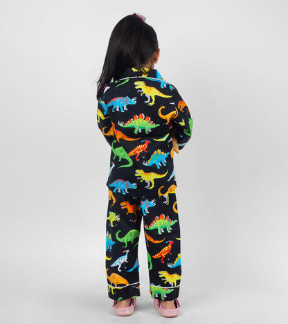 Black Dino Printed Girls Nightsuit Set