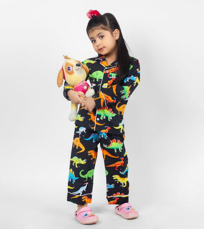 Black Dino Printed Girls Nightsuit Set