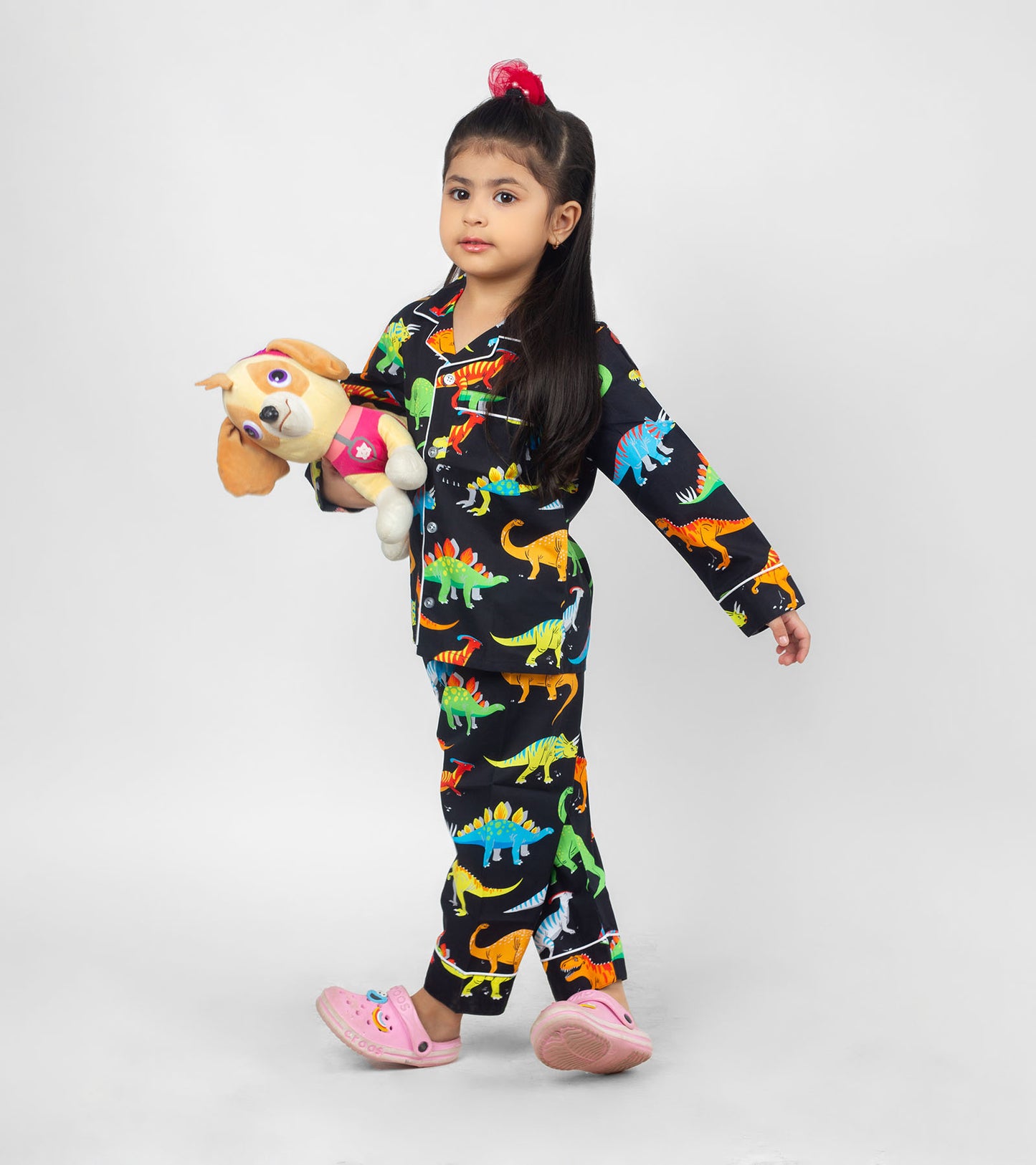 Black Dino Printed Girls Nightsuit Set