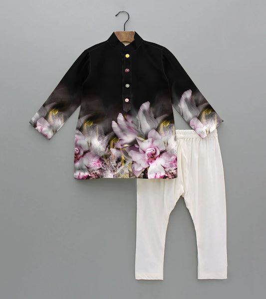 Black Ground Floral Printed Pure Cotton Kurta And Pyjama