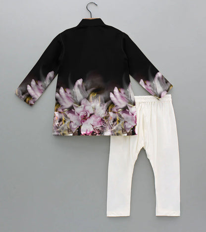Black Ground Floral Printed Pure Cotton Kurta And Pyjama