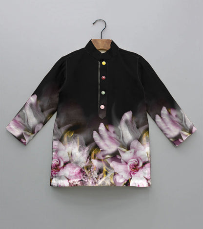 Black Ground Floral Printed Pure Cotton Kurta And Pyjama