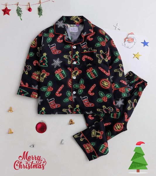 Black Printed Christmas Gift Nightsuit Set